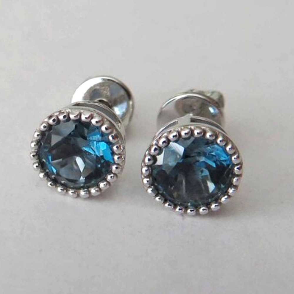 Natural London Blue Topaz In Solid 14K White Gold Stud Earrings Screw Back